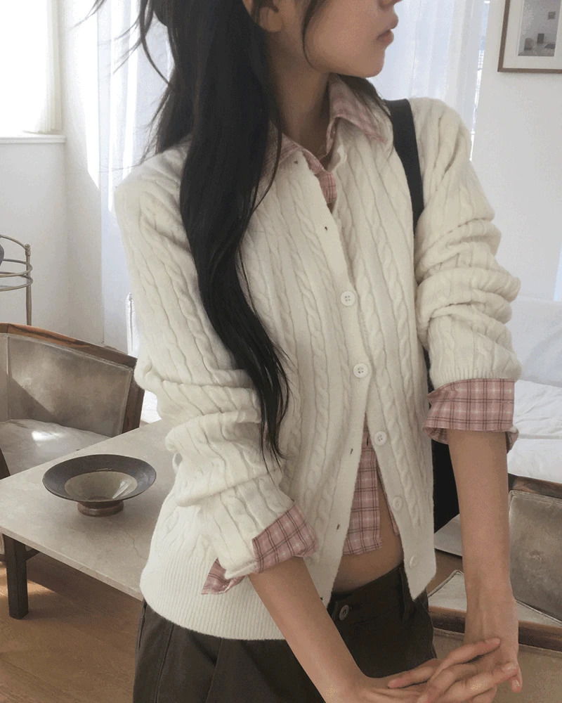 麻花編織襯衫領七分袖針織外套