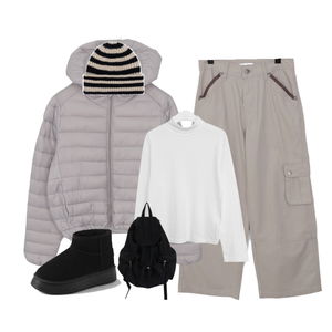 경량패딩,백팩,긴팔티,비니,어그부츠,초겨울,겨울,데일리,일상,10대,20대 코디