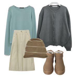 긴팔티,스커트,부츠 코디