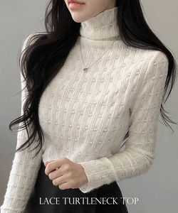保暖蕾絲高領長袖上衣