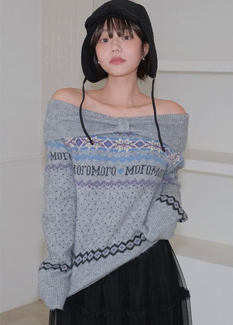 北歐風緞帶露肩針織上衣