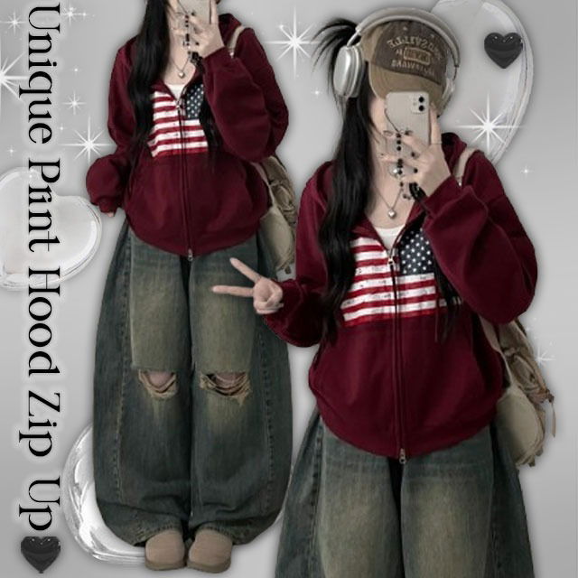 #기모버전크랙성조기프린팅벌룬박스핏후드집업(5color)