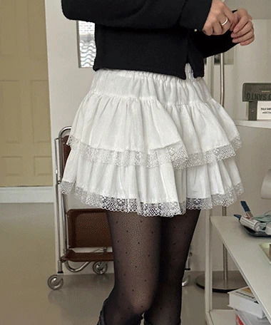 蕾絲多層荷葉邊鬆緊腰迷你裙
