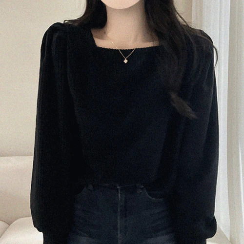 러비드 골지 셔링 스퀘어넥 여리핏 긴팔 블라우스 3color
