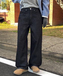 隱形鬆緊彈性加絨寬版原色牛仔褲