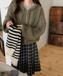 Osollet Twisted Knitwear Hooded Zip-Up - 7 Colors