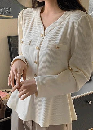 프티르벨 스판 골지 브이넥 페플럼 블라우스