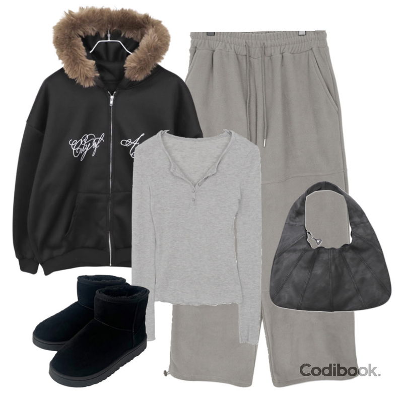 wonderwonder 포뮤 크로와상 절개 레더 호보 숄더백,anyonemore 벤자 어그 양털 숏 부츠 (5color),wonderwonder 라힌 프린팅 오버핏 퍼 후드 집업등을 매치한 코디