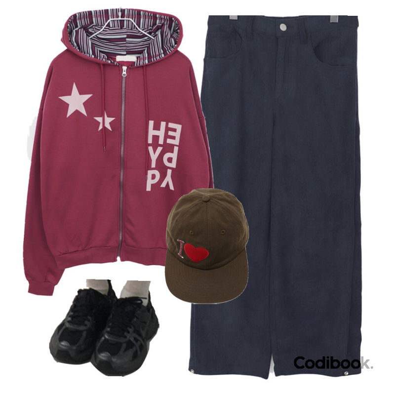 wonderwonder 미마 아이러브 자수 캠프 캡 모자,wonderwonder 스킹 별 프린팅 스트라이프 배색 투웨이 루즈핏 후드 집업,wonderwonder 볼링 코듀로이 스냅 비조 와이드핏 롱 팬츠등을 매치한 코디