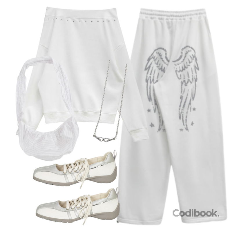 FloridaStudio 에브리데이 ED2422 베르그 레트로 스티치 레이스업 스니커즈,wonderwonder 오레 스트라이프 셔링 숄더 크로스백,binary01 본디 스터드 맨투맨등을 매치한 코디