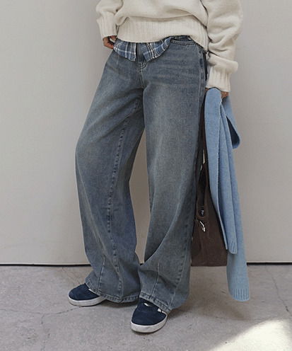 리에브 기모 코튼 백 버튼 와이드 데님 팬츠