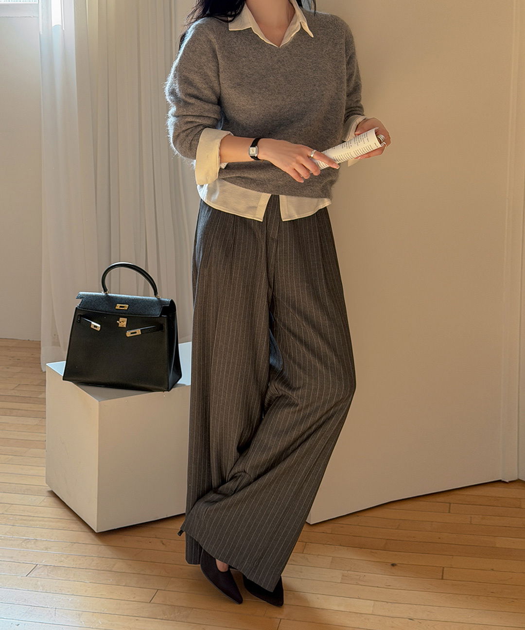 Demuah Work Look Striped Pintuck Wide Slacks 長褲