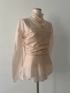 立領褶皺透膚腰身長袖上衣