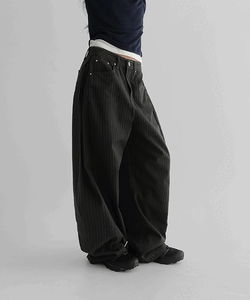 條紋側摺休閒寬褲