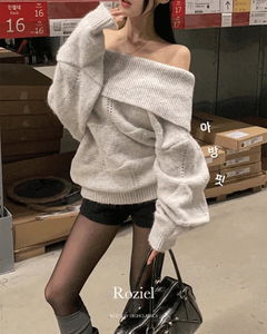 로지엘 오프숄더 다이아패턴 시보리 아방핏 루즈핏 여리핏 겨울 울 니트
