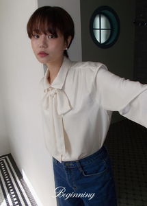 Satin high-neck tie blouse