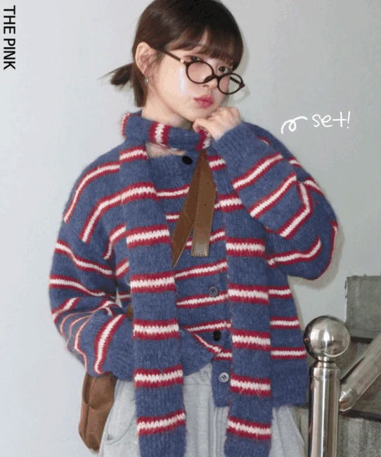 퓨다 스트라이프 단가라 울 니트 가디건 + 머플러 set (2color)