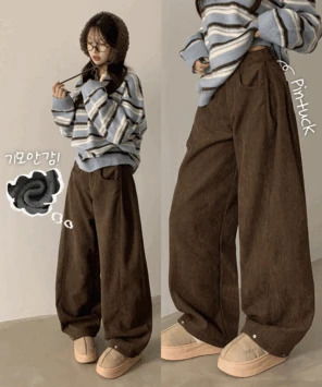 듀링 하이웨스트 코듀로이 옆핀턱 밑단 스냅 융기모 와이드 팬츠 (4color)