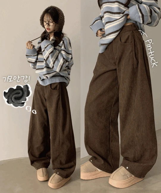 デュリングハイウエストコーデュロイサイドピンタックスナップ裏起毛ワイドパンツ