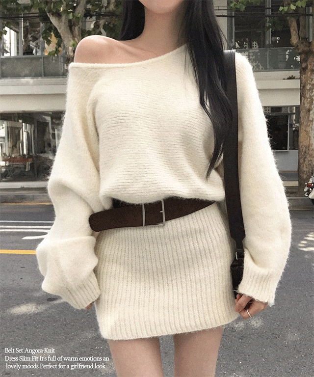 UN Belt Set Angora Long Sleeve Round One-Shoulder Mini Knitwear Dress Slim Fit Layered Lovely Girlfriend Look