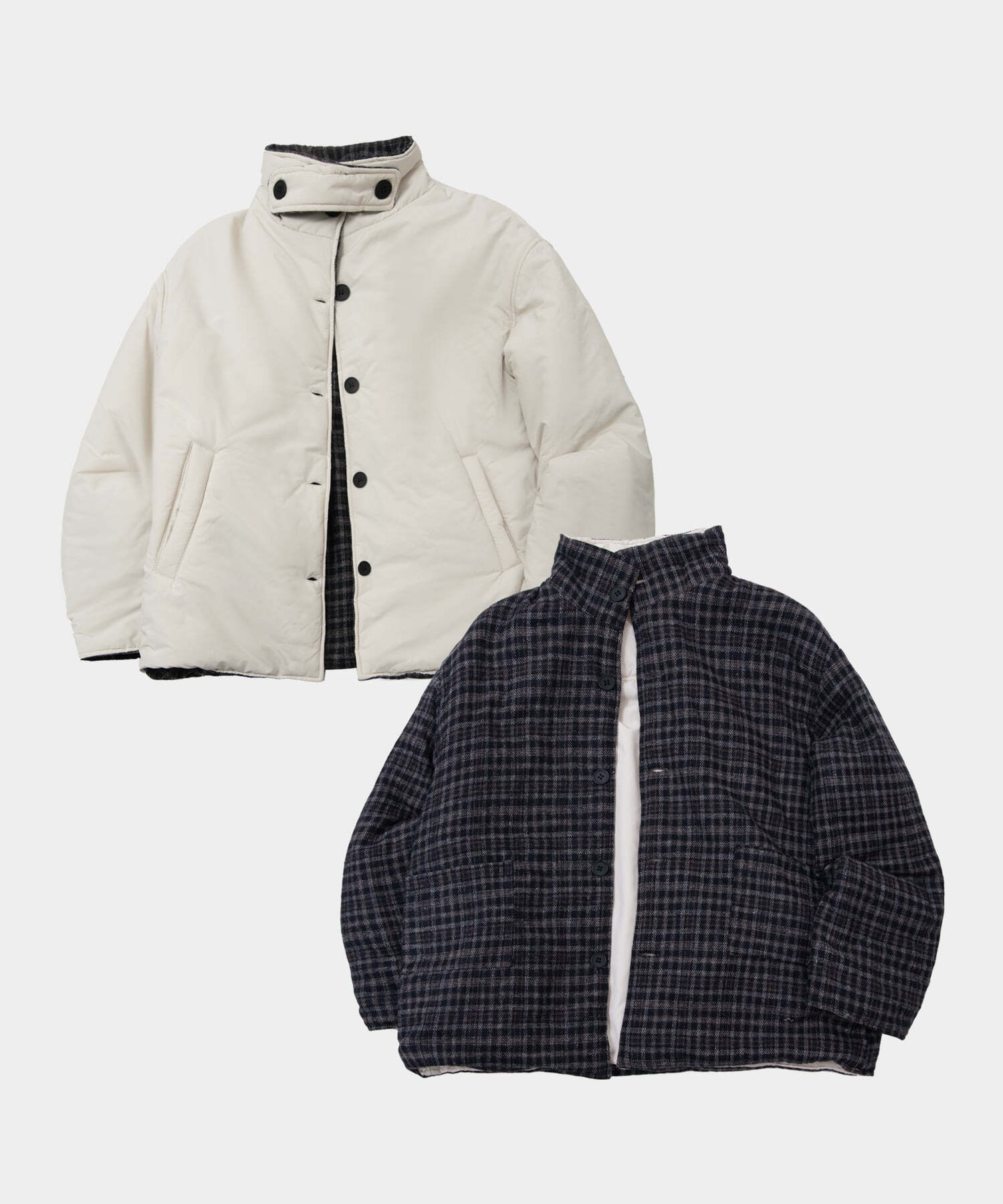 經典格紋雙面穿立領高領寬鬆鋪棉軍裝外套