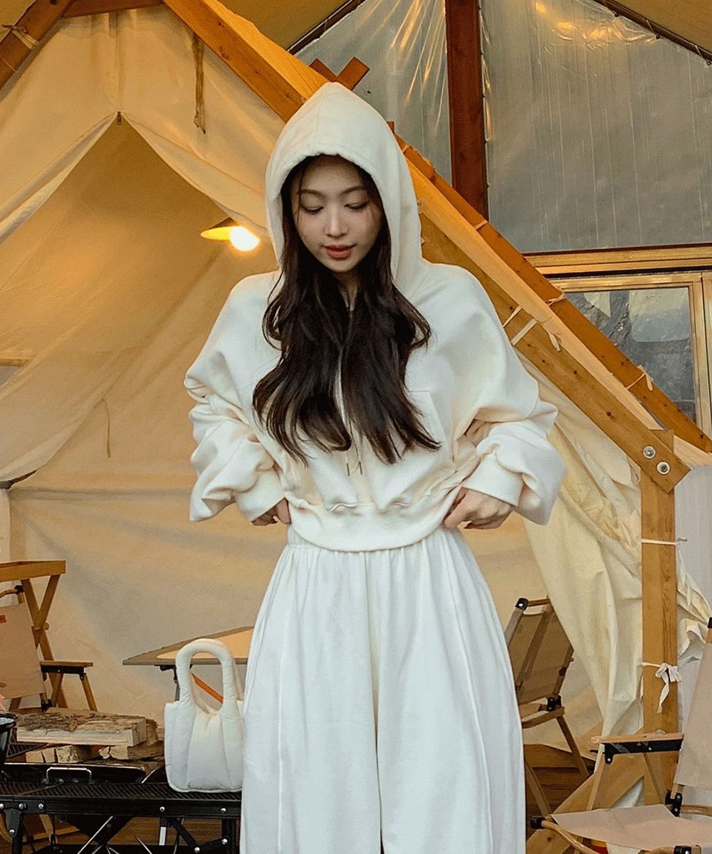 Crop Hoodie Long Sleeve Ribbed Pocket Strap Loose-fit Fit Easy Wear Basic Plain