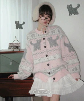 냐로 오버핏 고양이 눈꽃 노르딕 니트 울 가디건