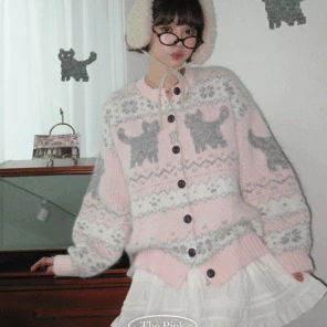 냐로 오버핏 고양이 눈꽃 노르딕 니트 울 가디건