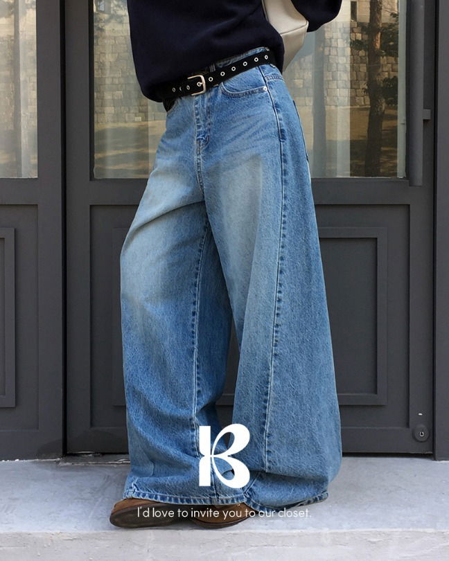 休閒寬版開衩牛仔長褲