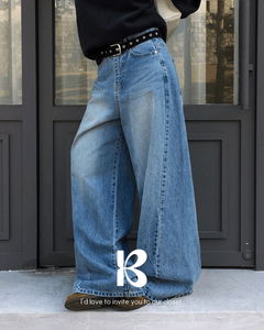 休閒寬版開衩牛仔長褲