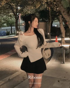 リボニワンショルダーアシンメトリーカラーリボンサイドスリット デイリー冬ニット