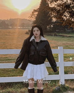 秋冬翻領內刷毛拉鍊皮革飛行外套