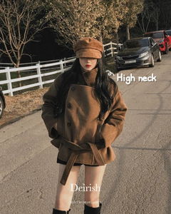 經典翻領排扣高領羊毛短版大衣