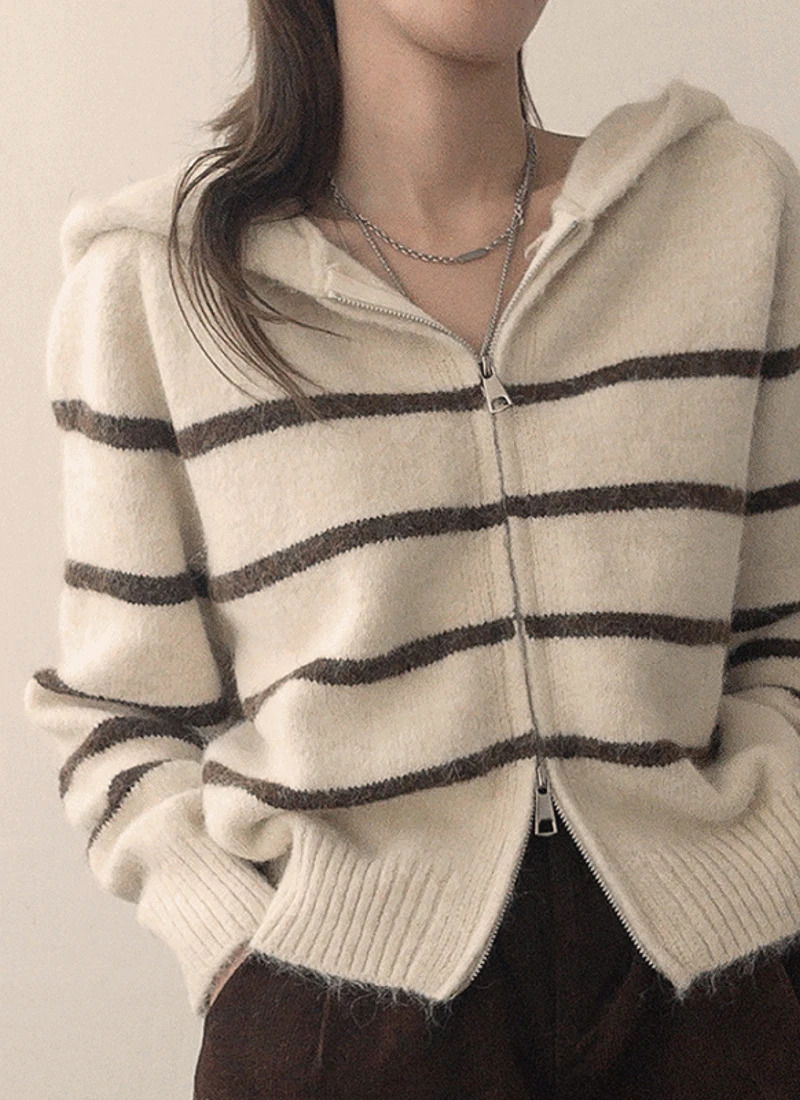 Autumn Nangnang *Wool Hamryu* Loose-fit Striped breasted Toned-down Two-Way Hooded Knitwear Cardigan Zip-up 3 Colors