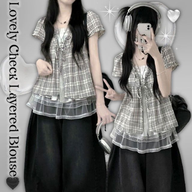 Seiche Ribbon Frill Lace Double Short Sleeve Blouse Set