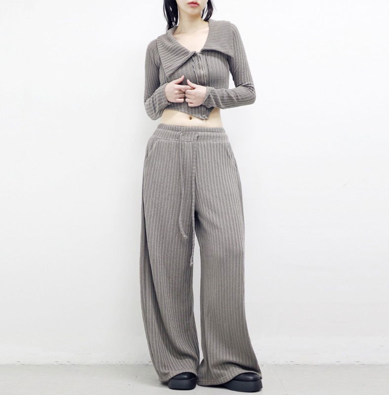 Showdy Unbalanced Ribbed Cardigan + Pants Set 套装