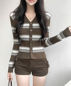 棕色條紋V領長版針織外套