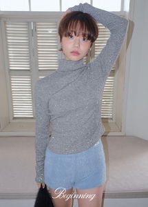Shimmer Ribbed Turtleneck T-Shirt