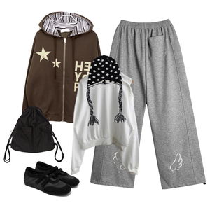 長褲,拉鍊外套,長袖上衣 코디