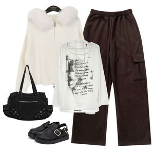 長褲,拉鍊外套,針織衫 코디