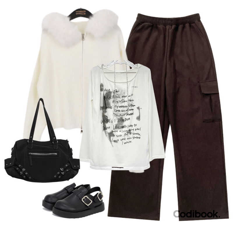 JASMINBELL 핏보장 레고 코듀로이 카고 스트링 롱와이드 조거 밴딩 투웨이 팬츠(일반VER),wonderwonder 와링 투웨이 엔젤 퍼 후드 니트 집업,FloridaStudio 에브리데이 미요 볼드솔 유니크 뮬 슬리퍼 ED2516등을 매치한 코디