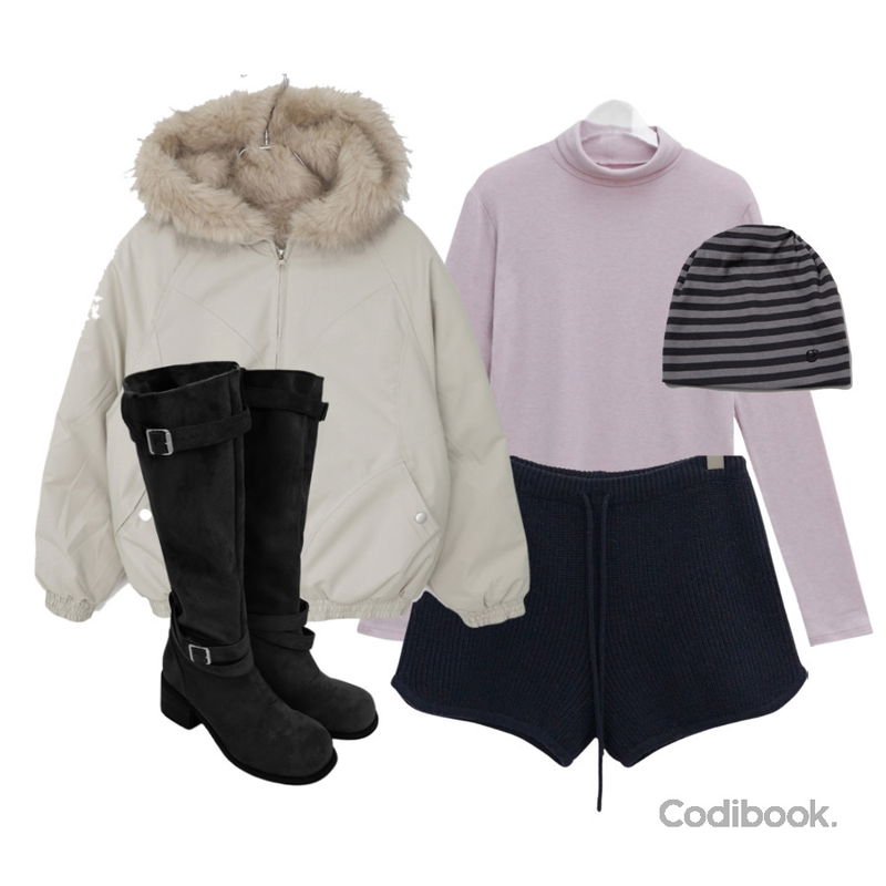 MAENIQUE 릿트 램스울 니트반바지,J-BLIN 코즐 스웨이드 스트랩 폴딩 롱 부츠,binary01 인디아 베이직 울 폴라티셔츠등을 매치한 코디