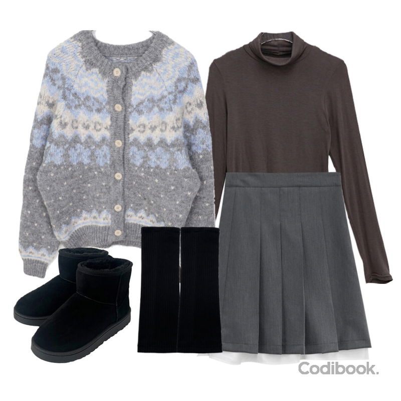 AAKE STRAP POINT LEG WARMER (ivory / black),binary01 캔메 2-WAY 레이어드 플리츠 미디스커트,binary01 츄츄 베이직 폴라티셔츠등을 매치한 코디