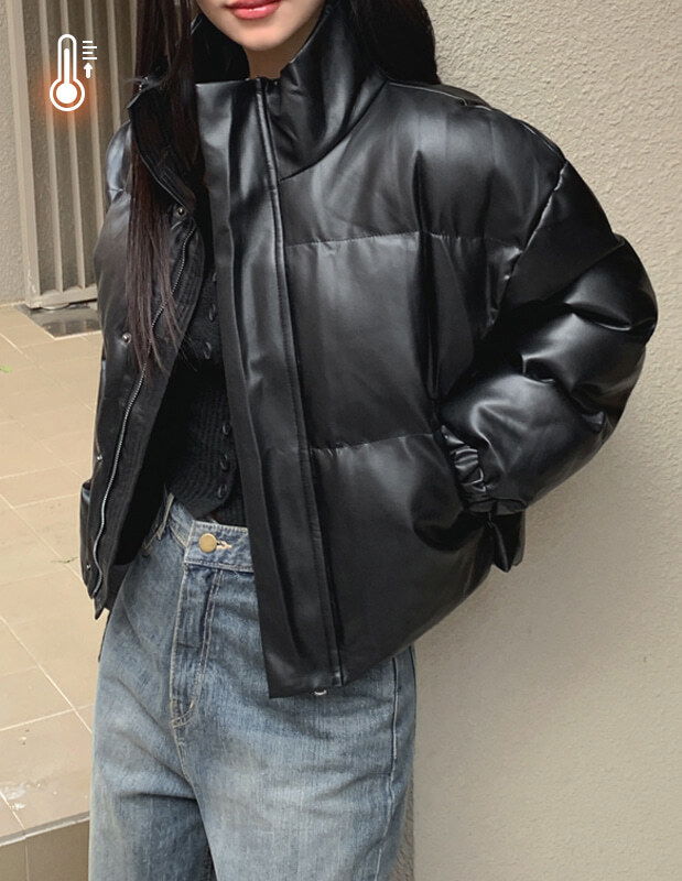 Cardigan High Neck Leather Padded Jacket