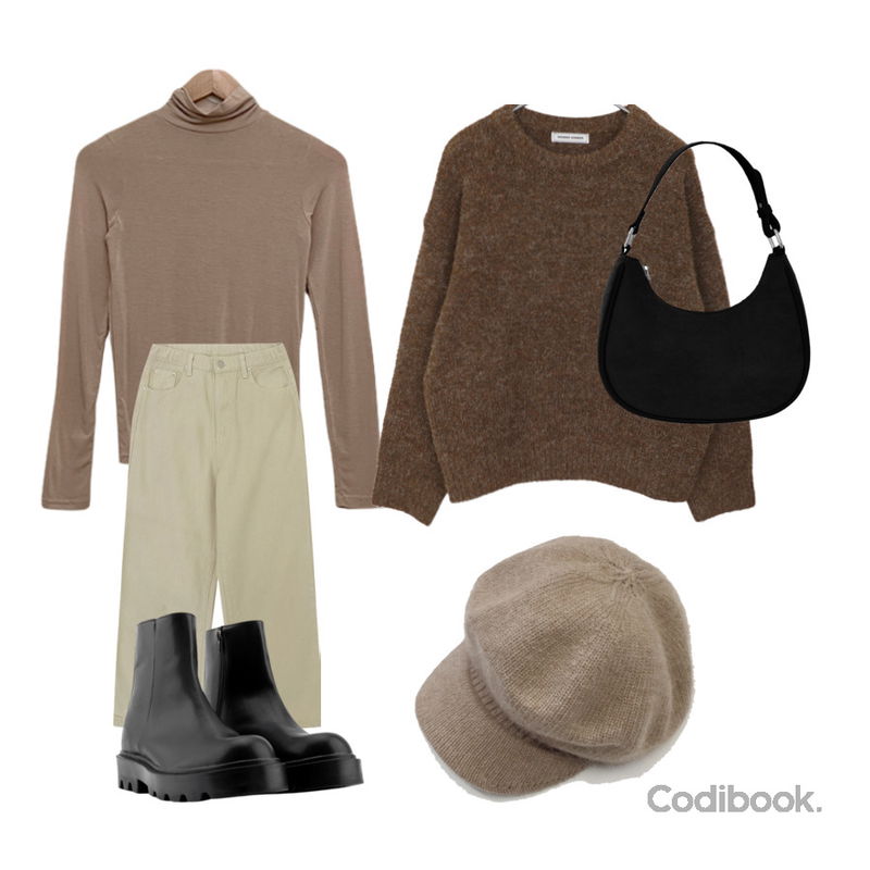 FloridaStudio 플로리다스튜디오 FL2332 실란트로 앵클 부츠 블랙,J-BLIN 키란 스웨이드 호보백,JASMINBELL 사계절 쭉-특가 브론즈 기장선택 하이웨스트 로우 히든밴딩 코튼 세미 와이드 팬츠등을 매치한 코디