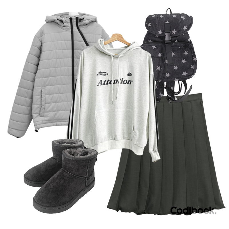 BULLANG GIRL 어텐션 라인 후드티 (3컬러,루즈핏,레터링,트랙),anyonemore 벤자 어그 양털 숏 부츠 (5color),binary01 폴립 라이트 경량패딩등을 매치한 코디