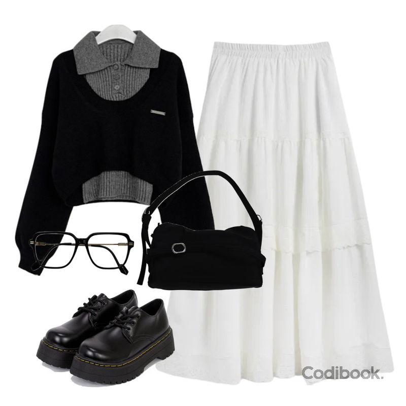 ccomeng 카라단추니트나시+패치오프숄더크롭니트세트(2color),AAKE NERDY SQUARE GLASSES (4color),DANGDANG GIRL 빅사이즈 S-4XL 후르츠 링클 레이스 캉캉 플레어 밴딩 롱 스커트 휴양지 룩등을 매치한 코디