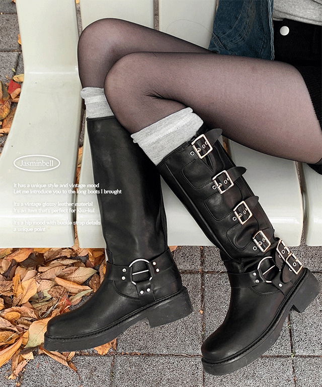 Tsuki Buckle Strap Belt Leather High Heel Long Boots
