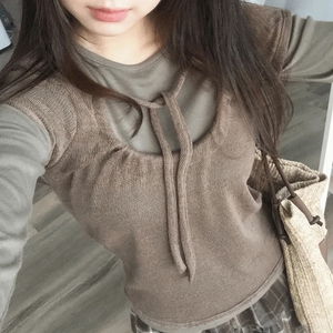 SET Mocha Latte Layered Sheer Knitwear Tight Long Sleeve T-Shirt Set 3 Colors