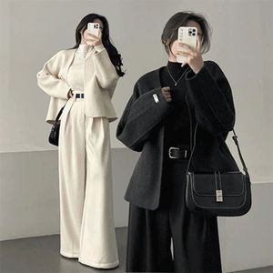 優雅簡約手工製作V領無領寬鬆半長大衣外套